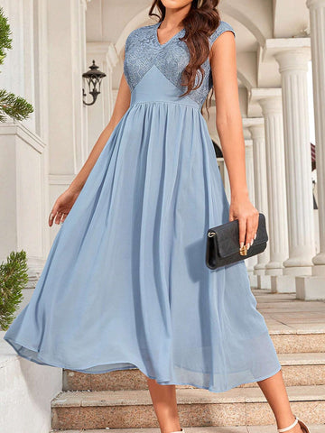 Ladies' Fashionable Lace Splice Bridesmaid Long Dress
