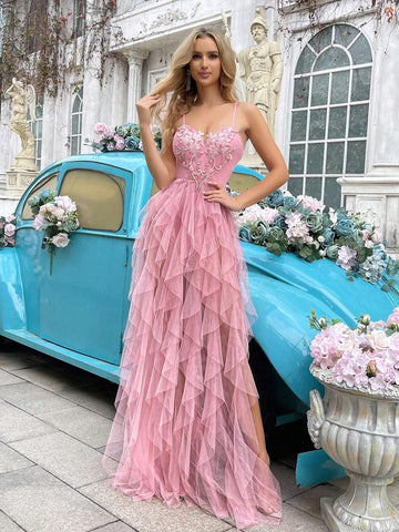 Ladies' Fashionable Pink Ruffled Strap Bridesmaid Dress
