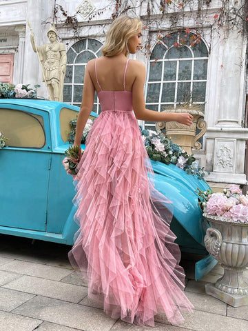 Ladies' Fashionable Pink Ruffled Strap Bridesmaid Dress