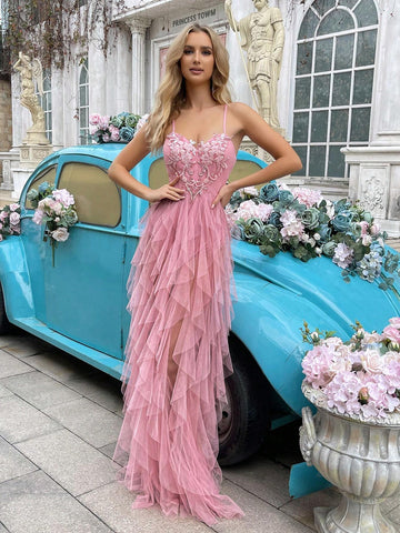 Ladies' Fashionable Pink Ruffled Strap Bridesmaid Dress