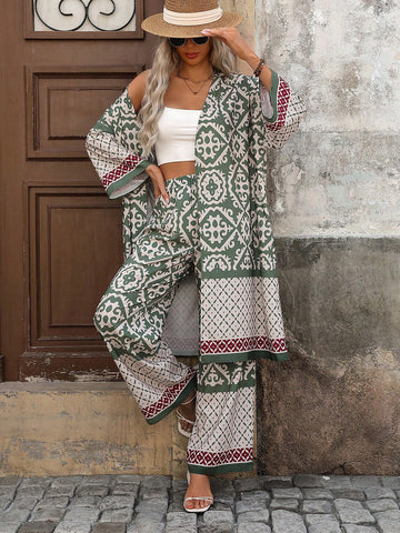 Ladies' Floral Geometric Printed Open Front Jacket And Pants Set
