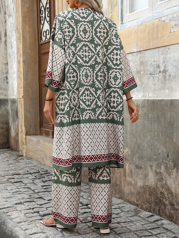 Ladies' Floral Geometric Printed Open Front Jacket And Pants Set