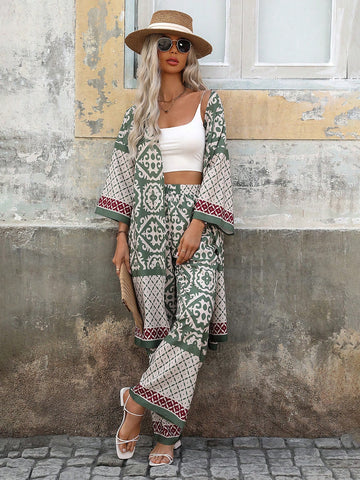 Ladies' Floral Geometric Printed Open Front Jacket And Pants Set