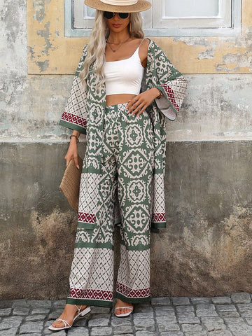 Ladies' Floral Geometric Printed Open Front Jacket And Pants Set