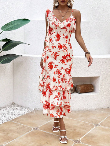 Ladies' Floral Printed Ruffle Hem Dress