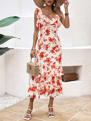 Ladies' Floral Printed Ruffle Hem Dress