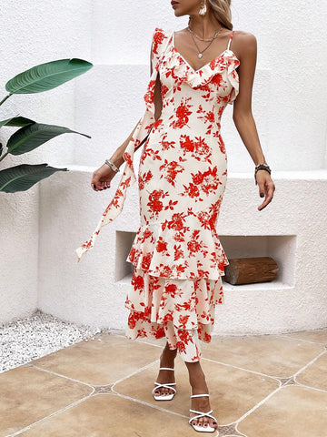 Ladies' Floral Printed Ruffle Hem Dress