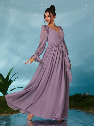 Ladies Gathered Ruffled Lantern Sleeve Chiffon Long Swing Dress