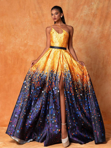 Ladies' Geometric Printed One-Shoulder Hollow-Out Sleeveless Long Evening Dress With Elegant, Cool And Temperament Features