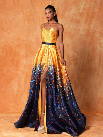 Ladies' Geometric Printed One-Shoulder Hollow-Out Sleeveless Long Evening Dress With Elegant, Cool And Temperament Features