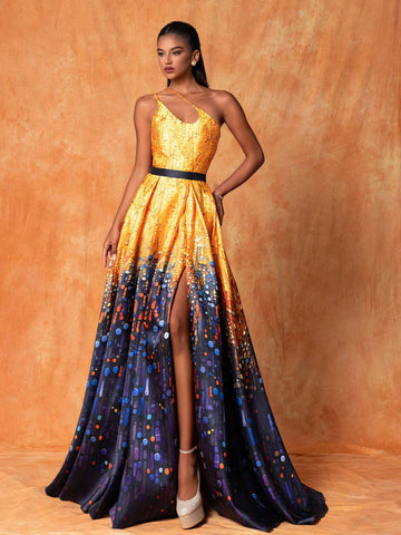 Ladies' Geometric Printed One-Shoulder Hollow-Out Sleeveless Long Evening Dress With Elegant, Cool And Temperament Features