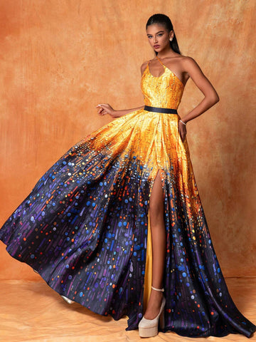 Ladies' Geometric Printed One-Shoulder Hollow-Out Sleeveless Long Evening Dress With Elegant, Cool And Temperament Features