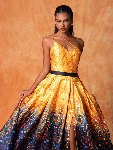 Ladies' Geometric Printed One-Shoulder Hollow-Out Sleeveless Long Evening Dress With Elegant, Cool And Temperament Features