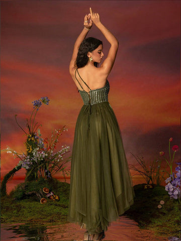 Ladies' Green Beaded Mesh Evening Dress, Lengthening The Legs