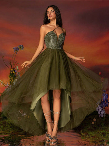 Ladies' Green Beaded Mesh Evening Dress, Lengthening The Legs