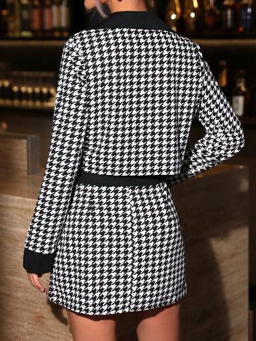 Ladies' Houndstooth Pattern Collar Jacket And Skirt Set