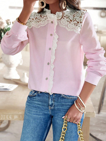 Ladies' Lace Patchwork Vertical Striped Shirt