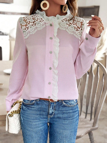 Ladies' Lace Patchwork Vertical Striped Shirt