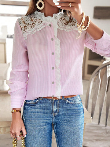 Ladies' Lace Patchwork Vertical Striped Shirt