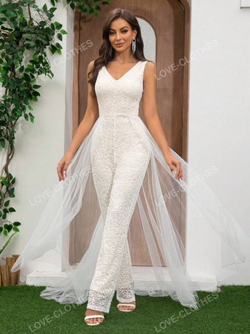 Ladies Lace V Neck Sleeveless Elegant Jumpsuit High Waist Short Sleeve Wide Leg Pants Wedding Dress Other Clothes Belted Tulle