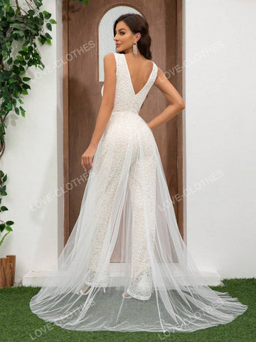 Ladies Lace V Neck Sleeveless Elegant Jumpsuit High Waist Short Sleeve Wide Leg Pants Wedding Dress Other Clothes Belted Tulle