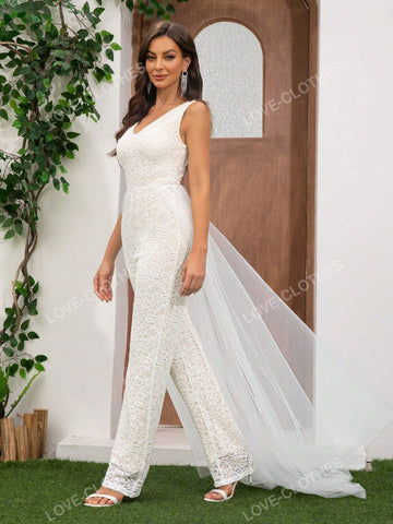 Ladies Lace V Neck Sleeveless Elegant Jumpsuit High Waist Short Sleeve Wide Leg Pants Wedding Dress Other Clothes Belted Tulle