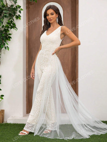 Ladies Lace V Neck Sleeveless Elegant Jumpsuit High Waist Short Sleeve Wide Leg Pants Wedding Dress Other Clothes Belted Tulle