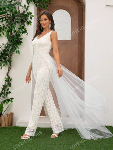 Ladies Lace V Neck Sleeveless Elegant Jumpsuit High Waist Short Sleeve Wide Leg Pants Wedding Dress Other Clothes Belted Tulle