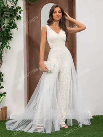 Ladies Lace V Neck Sleeveless Elegant Jumpsuit High Waist Short Sleeve Wide Leg Pants Wedding Dress Other Clothes Belted Tulle