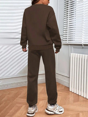 Ladies' Letter Print Round Neck Sweatshirt And Sweatpants Two Piece Set