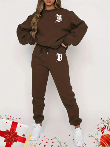 Ladies' Letter Print Round Neck Sweatshirt And Sweatpants Two Piece Set