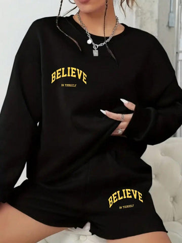 Ladies' Letter Printed Round Neck Sweatshirt And Shorts Set