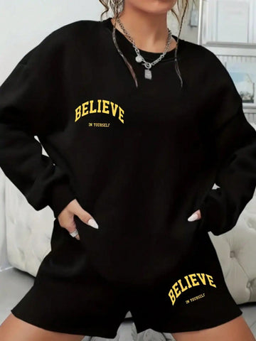 Ladies' Letter Printed Round Neck Sweatshirt And Shorts Set