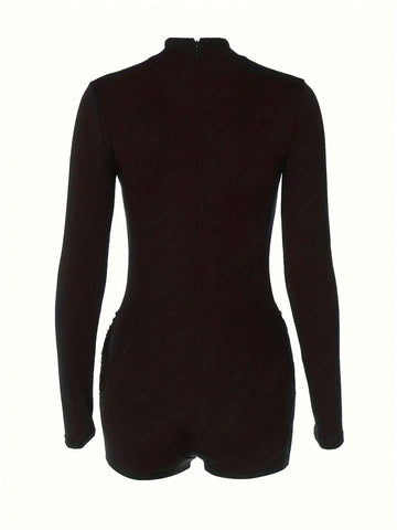 Ladies' Long Sleeve Jumpsuit With Different Material Splicing