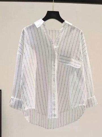 Ladies' Loose And Slimming Casual Versatile Vertical Stripe Top, With A Design Sense Of Off Shoulder Sleeve Shirt