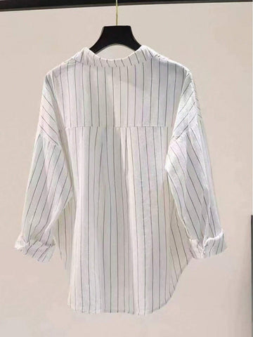 Ladies' Loose And Slimming Casual Versatile Vertical Stripe Top, With A Design Sense Of Off Shoulder Sleeve Shirt