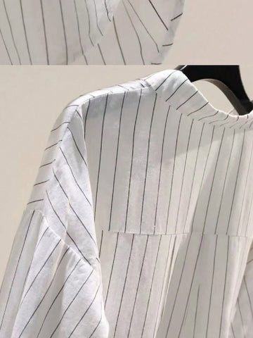 Ladies' Loose And Slimming Casual Versatile Vertical Stripe Top, With A Design Sense Of Off Shoulder Sleeve Shirt