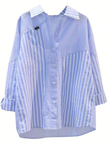 Ladies' Loose Drop Shoulder Casual Blue Striped Shirt, Spring Summer