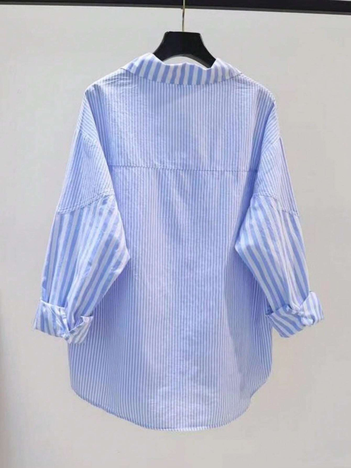Ladies' Loose Drop Shoulder Casual Blue Striped Shirt, Spring Summer
