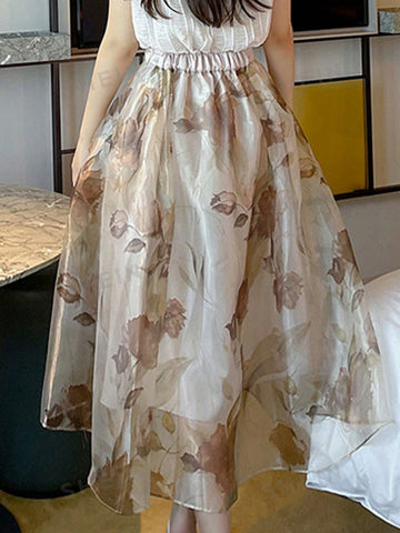 Ladies' Loose Fit Floral Printed Mesh Skirt