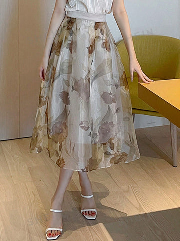 Ladies' Loose Fit Floral Printed Mesh Skirt