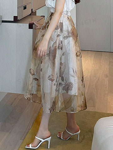 Ladies' Loose Fit Floral Printed Mesh Skirt