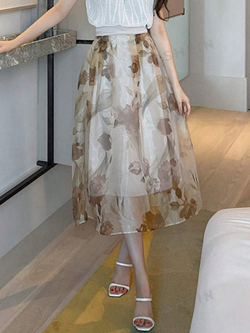 Ladies' Loose Fit Floral Printed Mesh Skirt