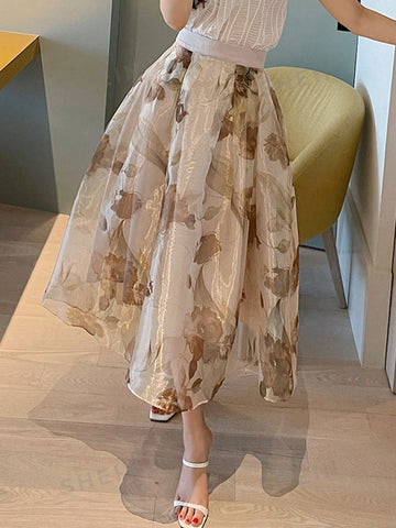 Ladies' Loose Fit Floral Printed Mesh Skirt