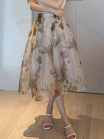 Ladies' Loose Fit Floral Printed Mesh Skirt