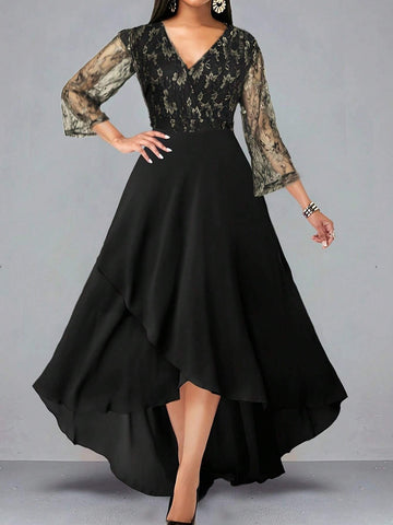 Ladies' Mid Sleeve Lace Patchwork V-Neck Maxi Evening Dress
