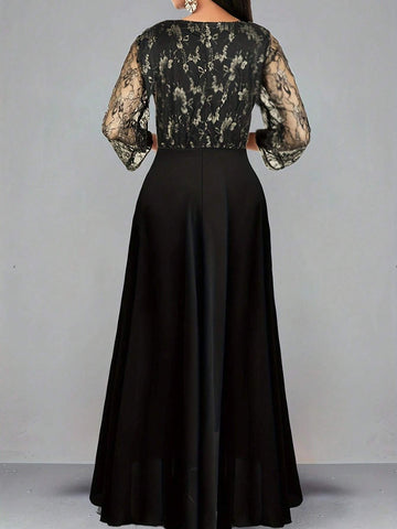 Ladies' Mid Sleeve Lace Patchwork V-Neck Maxi Evening Dress