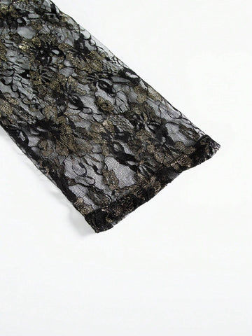 Ladies' Mid Sleeve Lace Patchwork V-Neck Maxi Evening Dress