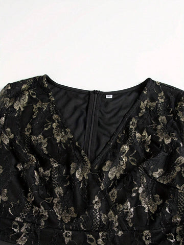 Ladies' Mid Sleeve Lace Patchwork V-Neck Maxi Evening Dress