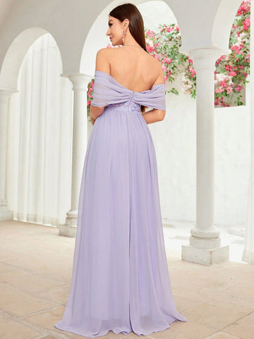 Ladies' Off Shoulder Pleated Sequin And Floral Patchwork Chiffon Bridesmaid Dress With Large Swing